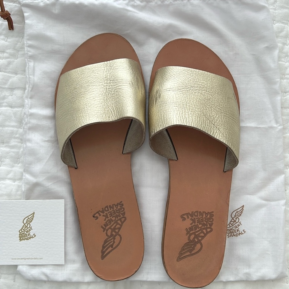 Ancient Greek One Band Taygete Flat Sandal Platinum color, Sz 40 (size 10)